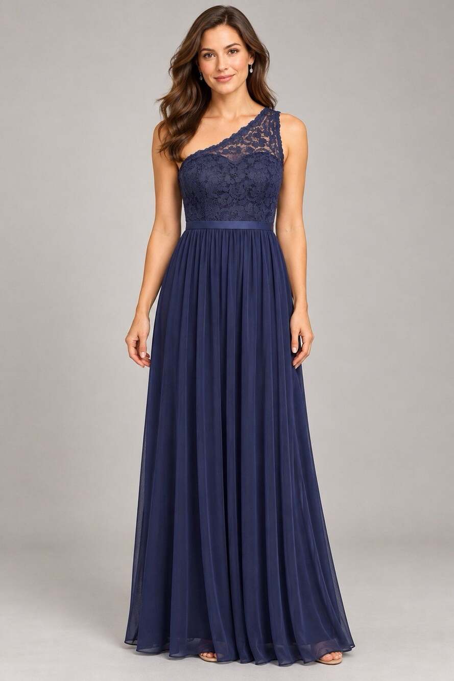 David’s Bridal Dress 8 Marine Navy One Shoulder Lace Long Bridesmaid Gown F17063
